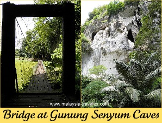 Suspension bridge across the lake at Gunung Senyum Caves. Suspension bridge across the lake at Gunung Senyum Caves.