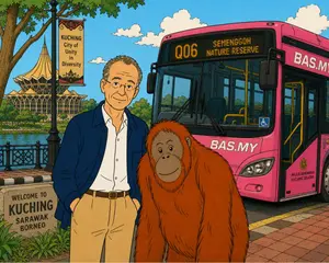 cartton of author and orangutan next to a pink bus in Kuching