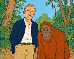 cartoon of author with an orangutan
