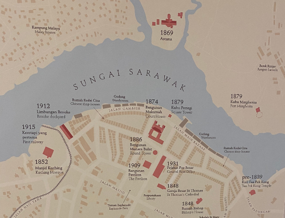 Map showing the dates when the main landmark buildings of Kuching were constructed.