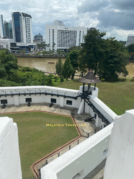 view from Fort Margherita overlooking the Sarawak River and the city skyline