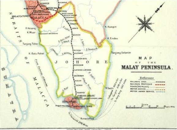1914 Railway Map from Batang Malacca to Johor Bahru