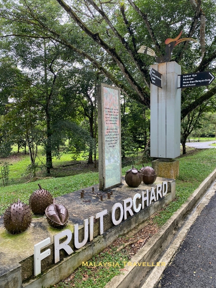 sign saying Fruit Orchard with metal models of fruits