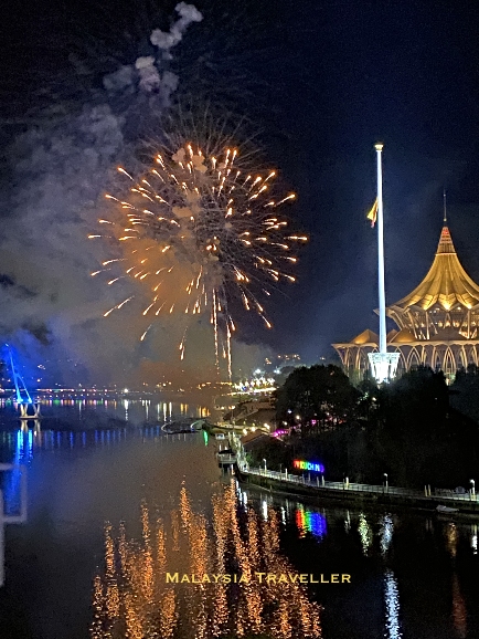 fireworks reflected on the Sarawak River in Kuching