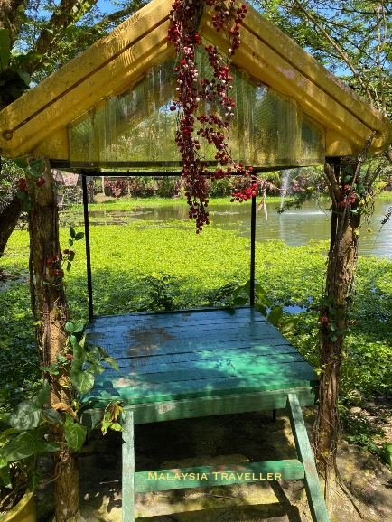 one of the seating pavilions alngside the pond