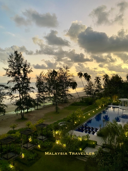 swimming pool and beach at sunrise